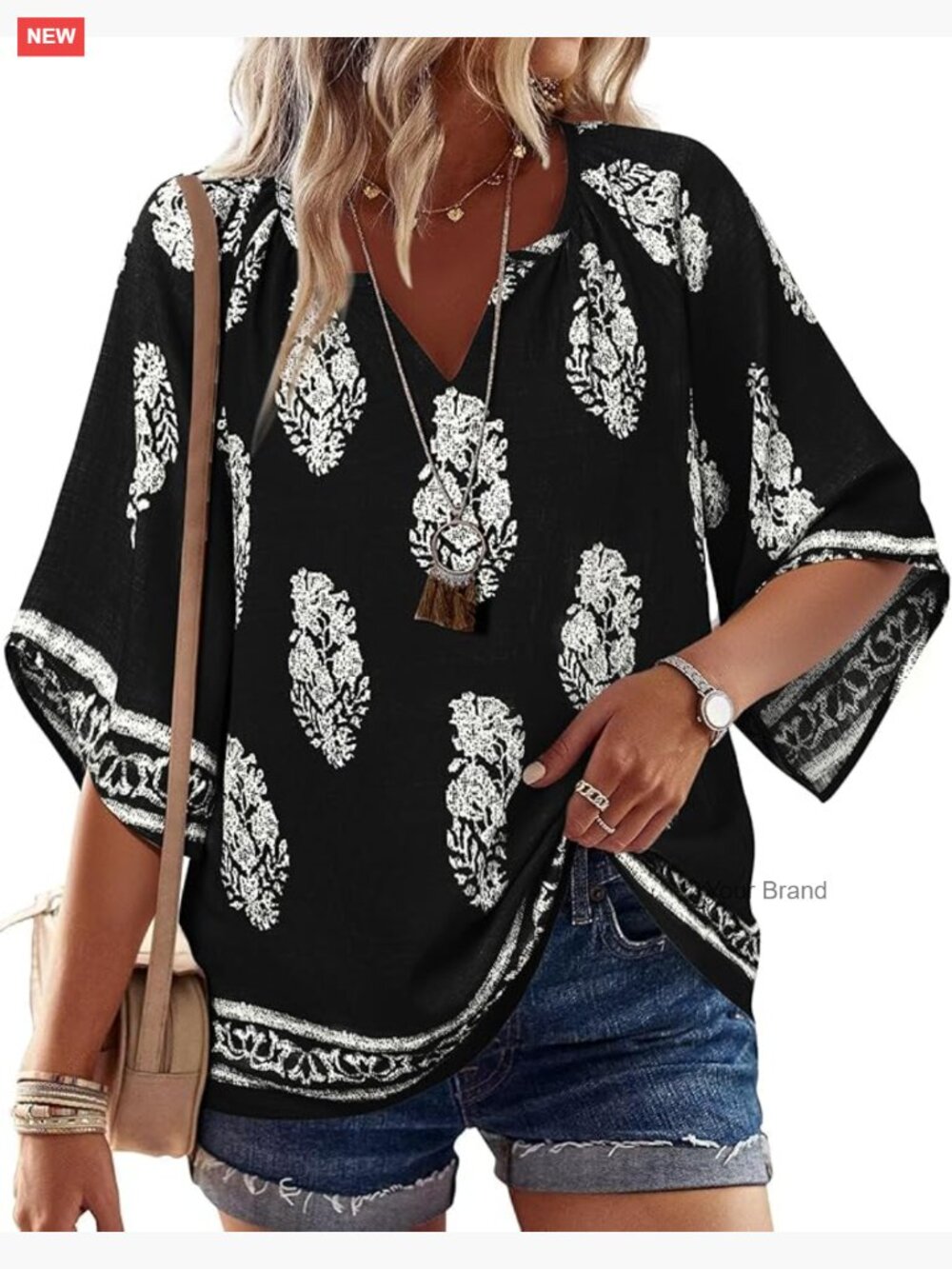 3/4 Sleeve V Neck Bohemian Peasant Blouse Casual Loose Fit Tunic Top Non-Stretch